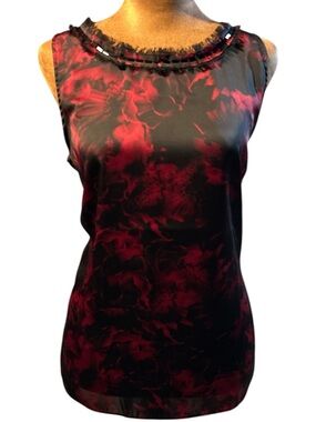 DANA BUCHMAN BLACK RED FLORAL PRINT BEADED NECKLINE POLYESTER SLEEVELESS BLOUSE